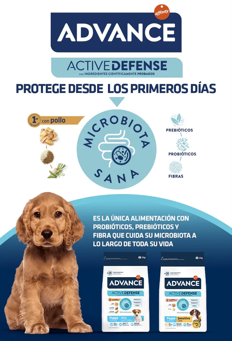 Cachorro junto a bolsas de alimento Advance, nutrición premium para perros en Colombia con probióticos.